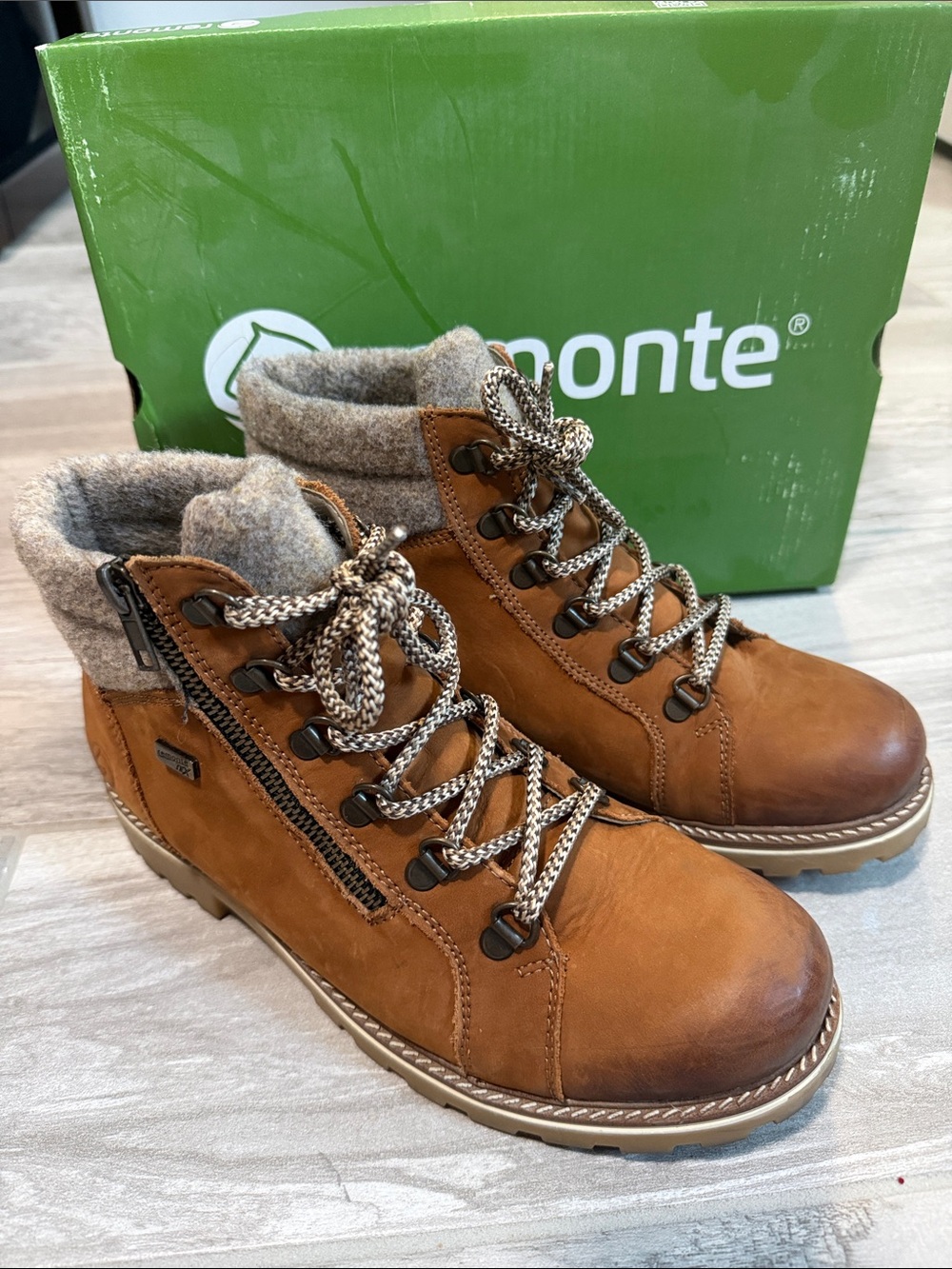 Remonte Tan Leather Lace-Up Wool-Collar Ankle Booties